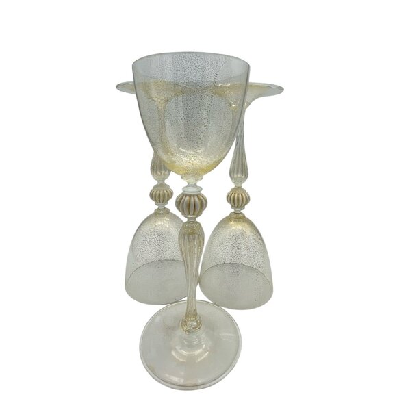 Venetian Vintage Clear Gold Flecked Hand Blown Goblets Set of Three - Picture 5 of 8